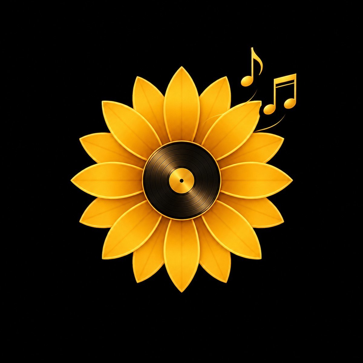 Girasol dorado con disco de vinilo y notas musicales, imagen de identidad de AYDI MUSIC para escuchar su música