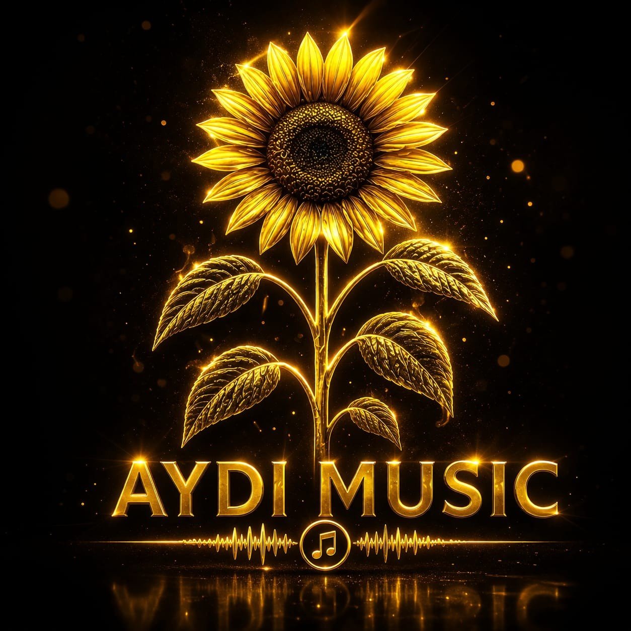 Diseño dorado de girasol con el nombre AYDI MUSIC sobre fondo negro.