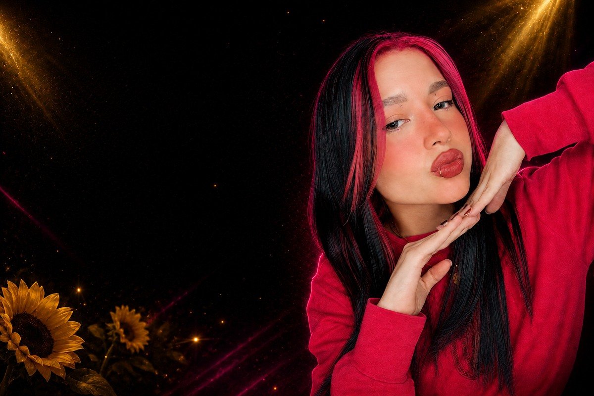 AYDI en retrato promocional oficial de AYDI MUSIC, con vestuario rojo, cabello negro y rojo, iluminación dorada y girasoles.