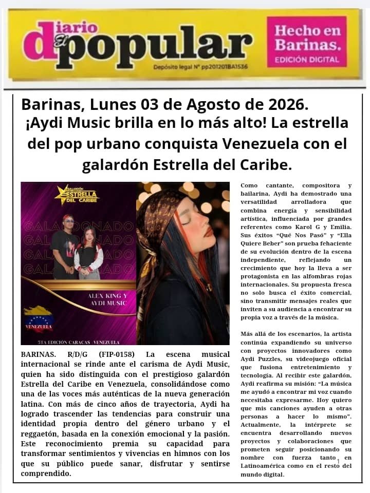 Publicación de Diario El Popular sobre AYDI MUSIC y el Galardón Estrella del Caribe